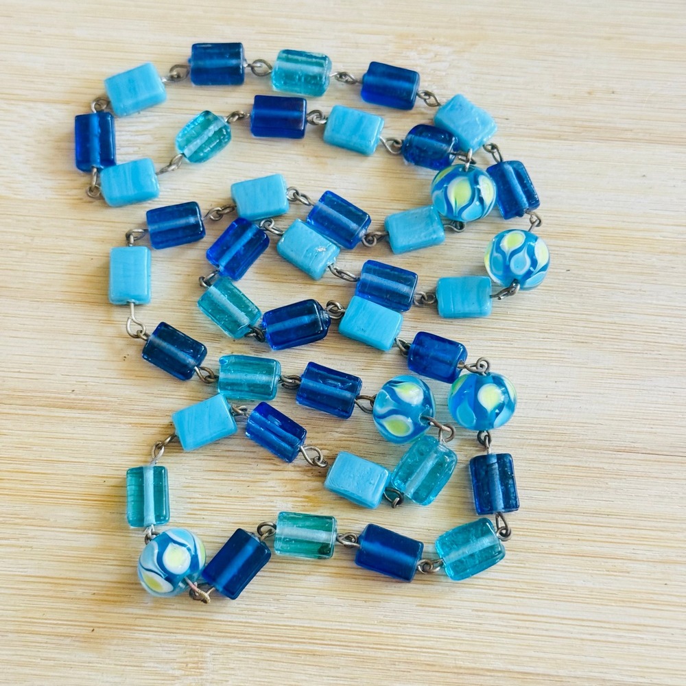 VTG BOHO Necklace Blue Art Glass Beads Lampwork Strand Statement 70s Retro 26"